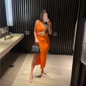 Zara Orange Cutout Midi Bodycon Dress Size Small